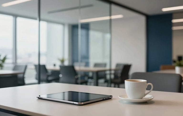 A crisp, high-end photograph of a modern North American / US office lounge. In the foreground, a sleek table with a tablet and a coffee cup is in soft focus. The background shows a bright, glass-walled conference room with subtle dark blue and off-white accents. The atmosphere is professional, intelligent, and calm, with natural daylight streaming through large windows.