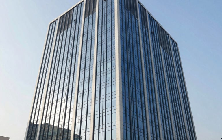 Professional architectural photograph of a modern corporate office building in a South Asian business district. Sleek glass facade reflecting a bright, clear sky during the afternoon. The scene conveys reliability and professional prestige, with clean lines and a palette of navy blue and white.