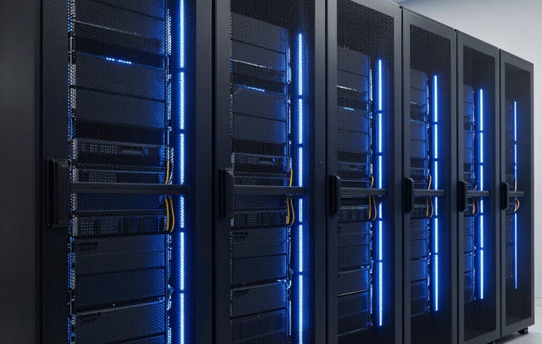 A professional photograph of a modern, secure server room interior in Almaty, Kazakhstan. The lighting is dominated by deep blue and white LED accents, highlighting sleek black server racks. The composition is clean and minimalist, conveying enterprise-grade technology and data sovereignty. No people are present, focusing on the high-tech infrastructure.