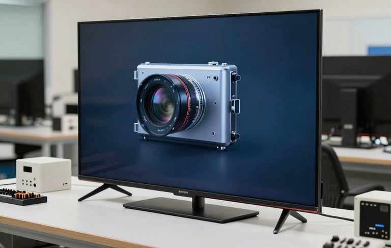 Professional photography of a high-tech television repair workstation. A modern Smart TV is placed on a clean workbench. Soft cinematic lighting illuminating technical equipment. The style is clean and professional, using a palette of off-white, steel blue, and dark blue. Middle Eastern / Gulf workshop setting.