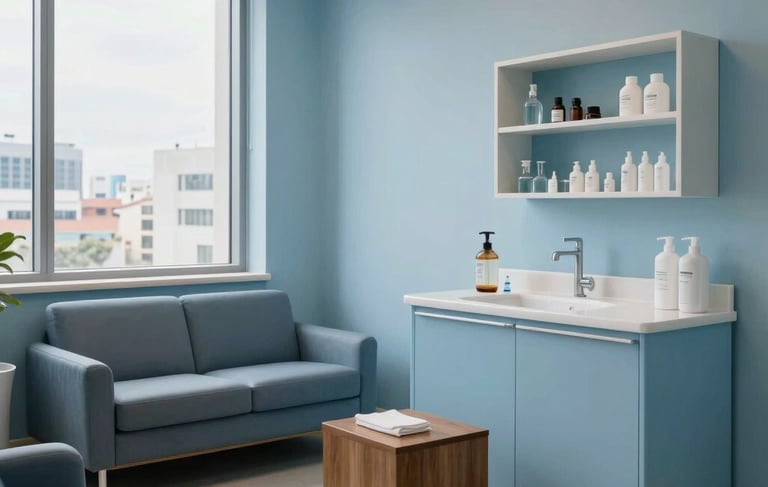 Photography of a fully equipped executive lactation lounge in a prestigious corporate tower in Hispanic / Corporate Latin America & Spain. Soft sky blue decor, hospital-grade hygiene station, comfortable seating, calm private atmosphere.