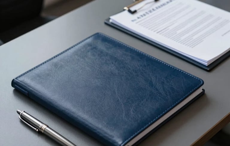 A high-angle professional photograph of a clean, modern executive desk in a North American office. On the desk sits a high-quality navy leather folder, a classic silver fountain pen, and a set of organized documents, illuminated by soft natural light. The color palette features deep blue-gray and charcoal tones, evoking a sense of trust, efficiency, and confidentiality.