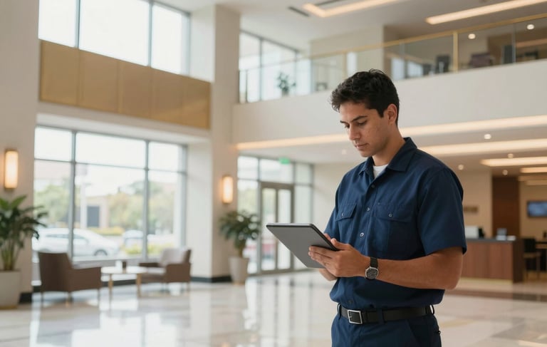 A wide photography shot of a professional North American / Mexican corporate office lobby with large windows and clean, polished white surfaces. A supervisor in a navy blue uniform is reviewing a maintenance checklist on a tablet, embodying reliability and peace of mind. The lighting is soft and warm, with gold accents on the architectural trim. The atmosphere is sophisticated and reassuring.