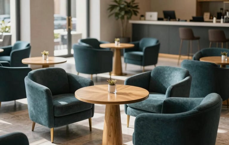 A wide-angle professional photograph of a sophisticated corporate lounge in Madrid, Iberian &amp;#x2F; Spanish architecture. The scene features deep slate teal armchairs and golden tan oak tables under soft morning sunlight, emphasizing a strategic and professional mood.