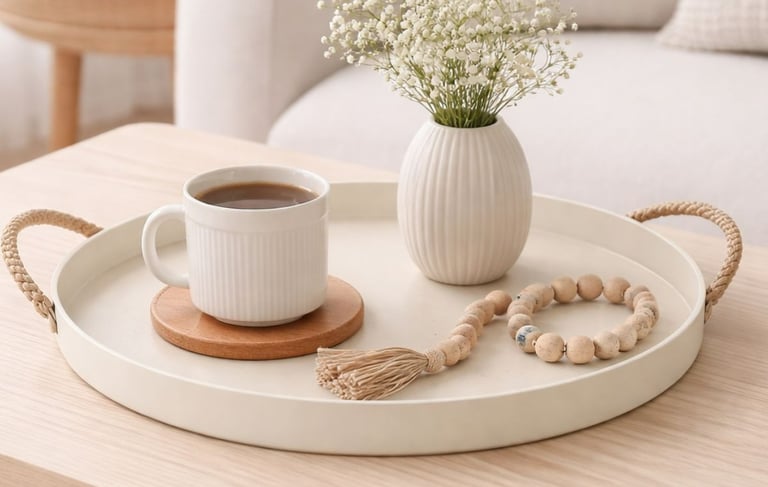 Minimalist round serving tray with a coffee mug, white flower vase, and wooden beads on a light oak coffee table.