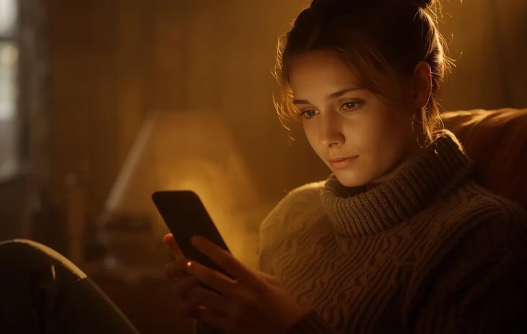 Woman reading ebook on phone in warm light, inspired by Thunder Motivation ebook.