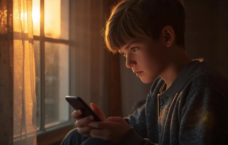Boy reading ebook by sunset window, finding inspiration with Thunder Motivation.