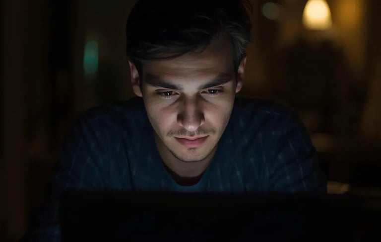Man reading ebook on laptop at night, motivated by Thunder Motivation content.