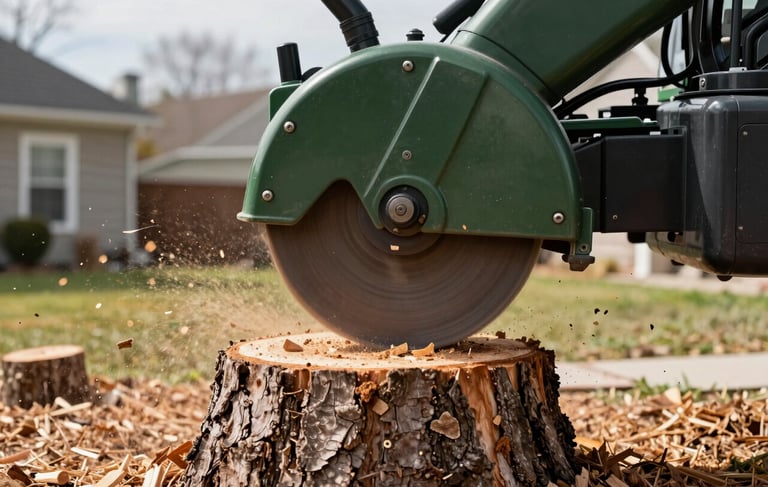 A close-up, professional photograph of a powerful stump grinding machine's cutting wheel spinning into a large oak tree stump. Wood chips and sawdust are flying through the air. The setting is a clean North American residential yard during the day. The machine's body is a combination of dark green and industrial black. High-quality lighting highlights the texture of the bark and fresh mulch.