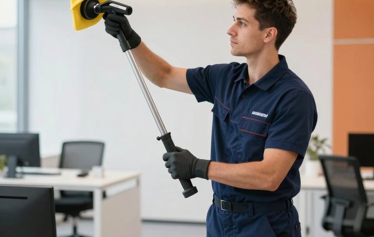 A professional cleaning expert in a navy blue uniform, using high-quality equipment to clean a modern, bright office space in Hillegom. The environment is airy and professional, with clean lines and soft orange light accents, in a Northern European setting.