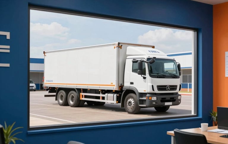A professional and modern logistics office interior in Gaborone, Southern African / Batswana. Through a large clean window, a white heavy-duty freight truck is parked outside. The office decor features deep blue walls and orange accents, conveying an authoritative and corporate industry atmosphere.