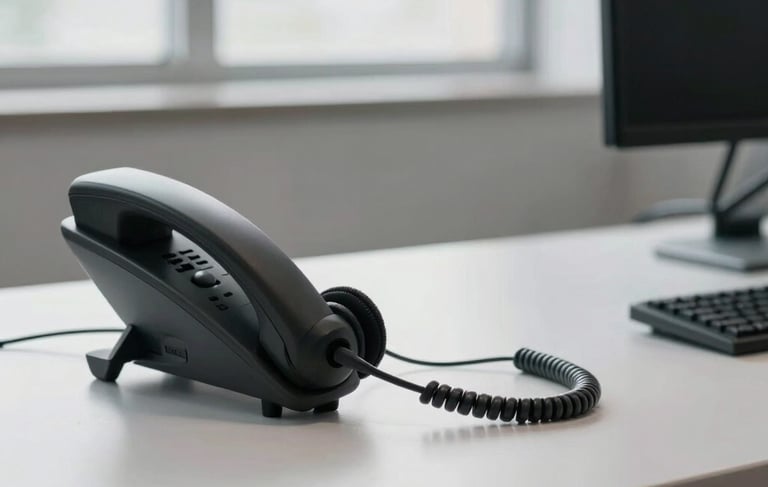 A professional South American / Brazilian office environment. A modern, minimalist workstation with a sleek telephone headset and an organized desk. Soft, bright natural light coming through a window. The style is clean and professional, using light gray and slate tones.