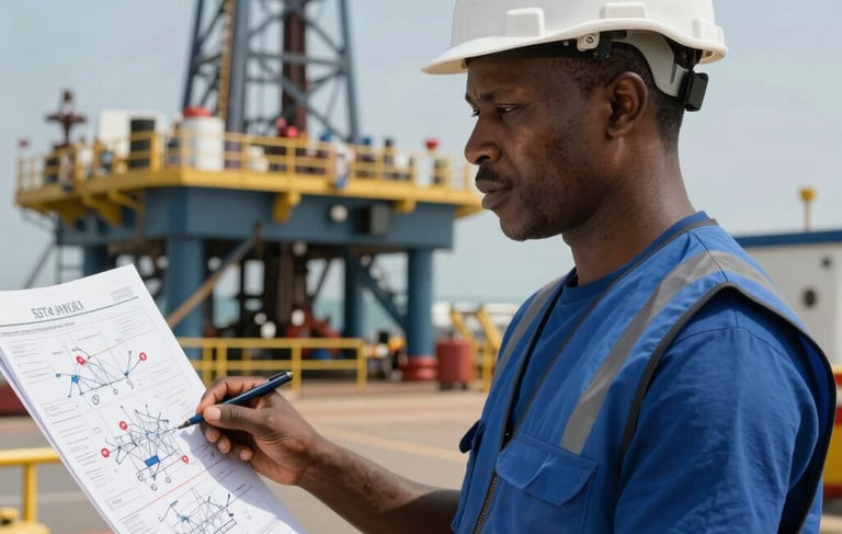 A professional photography shot of a West African petroleum expert in a high-visibility slate blue vest and white safety helmet, looking confidently at a offshore drilling schematic. The background shows a clean, modern industrial facility with gold and deep blue structural accents under the clear daylight of West Africa.