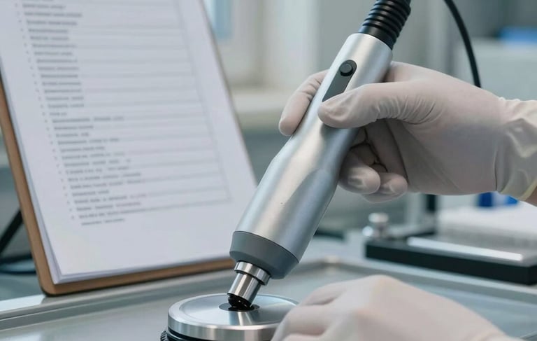 Close-up of gloved hands operating a specialized cleaning instrument on an industrial surface, equipment positioned at precise angle, protocol sheet mounted on nearby clipboard in background, cool even daylight from side window, clinical and controlled atmosphere