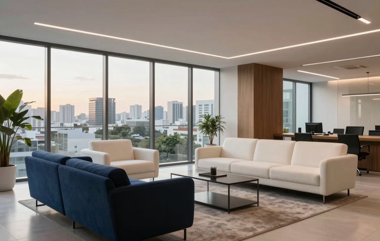 A high-end, modern corporate office lounge in São Paulo, Brazil. The space features sophisticated navy blue and off-white furniture, clean architectural lines, and large glass windows with soft afternoon sunlight. The atmosphere is professional, quiet, and innovative, representing Brazilian business excellence.