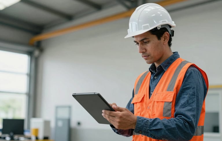 A medium shot of a professional South American male engineer in a modern industrial setting in Bogotá. He wears a white safety helmet and a vest with industrial blue and safety orange accents, holding a digital tablet while looking at a technical site plan. The background is clean and professional with soft daylight.