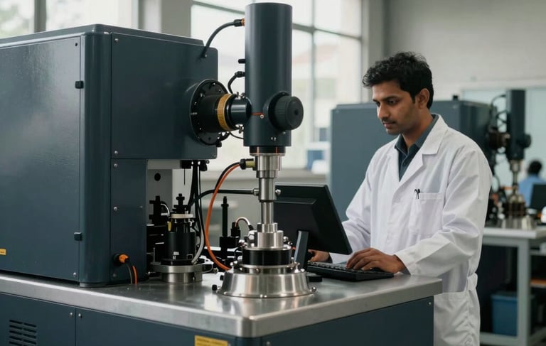 Professional photography of a modern industrial facility interior in Pune, India. The scene features high-tech machinery in charcoal and silver tones, with soft natural light coming from large windows. A South Asian / Indian engineer in a white lab coat is blurred in the background, focusing on a workstation. The overall mood is sophisticated and precise, using a palette of dark navy and white smoke.