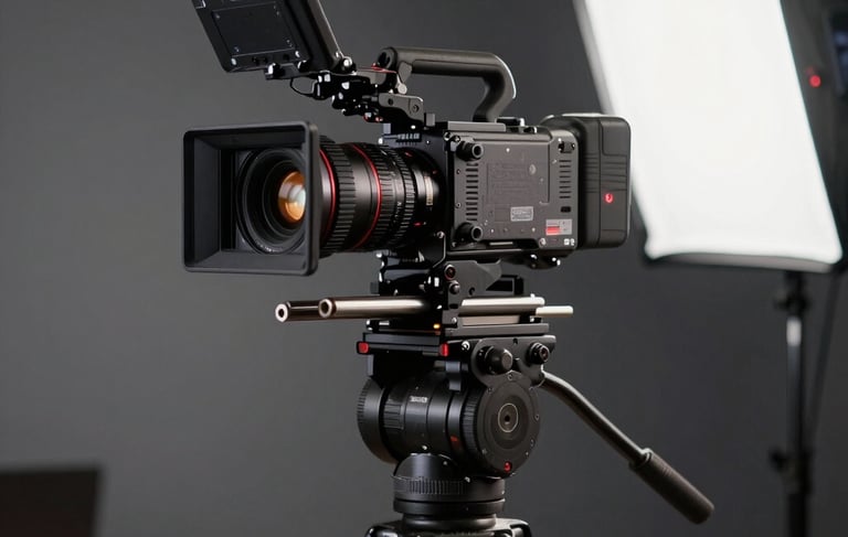 A high-end, professional cinematography setup in a modern South American studio in Brazil. A cinema camera with a matte box and follow focus is mounted on a carbon fiber tripod. The lighting is sophisticated with soft white and subtle red glow accents reflecting off dark grey surfaces. Shallow depth of field focusing on the lens glass.