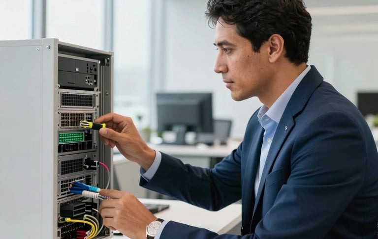 A professional South American Brazilian telecommunications engineer in a bright, modern corporate office. They are inspecting high-tech networking hardware. The scene features soft, natural daylight, reflecting a trustworthy and innovative business atmosphere. The color palette emphasizes white and dark blue tones.