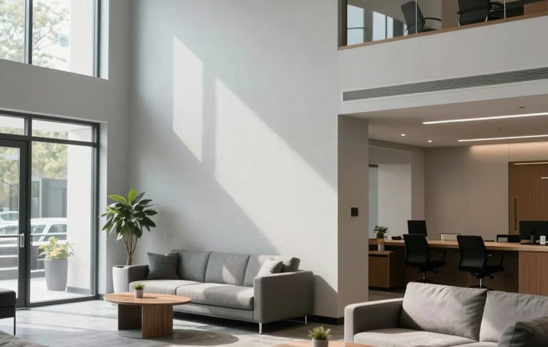 Clean, modern North American office lobby with light grey walls and accessible design. Soft natural light illuminates a professional environment with comfortable seating, emphasizing a hopeful and sophisticated atmosphere for employment seekers. High-quality architectural photography style.