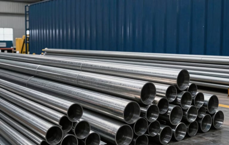 A professional wide-angle photograph of a clean, modern industrial warehouse in Brazil. Foreground features organized stacks of high-grade stainless steel pipes and polished metal sheets. Soft, dramatic lighting reflects off the metallic surfaces. The color palette emphasizes deep navy blue and slate grey tones, conveying a premium industrial atmosphere.