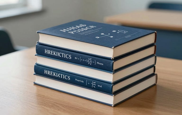 A professional, minimalist photography of a stack of high-quality physics and mathematics textbooks on a clean wooden desk in a South Asian academic setting. The books have deep navy and off-white covers with sober, precise typography. Soft, natural morning light creates a trustworthy and intellectual atmosphere. The palette features slate blue and light blue-grey tones.