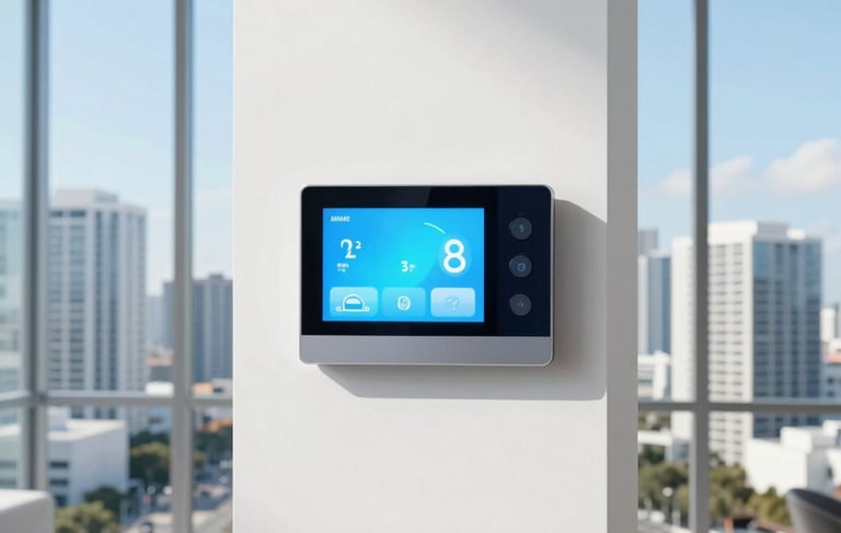 Professional architectural photography of a minimalist North American / US (Miami) interior. In the center, a slim, touch-screen smart thermostat glows with a soft light blue and cyan light. Through the large window, the urban Miami skyline is visible under a clear daylight sky. The color palette is dominated by whites, light sky blue, and deep midnight blue accents.