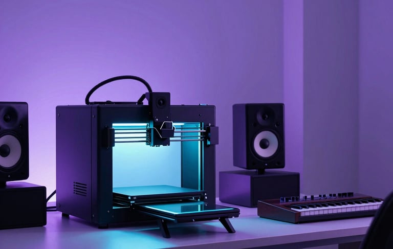 A high-end minimalist Dutch design studio at night with subtle violet and cyan neon lighting. In the background, a professional 3D printer is active next to music production monitors and a synthesizer. The atmosphere is sophisticated and clean, European style.