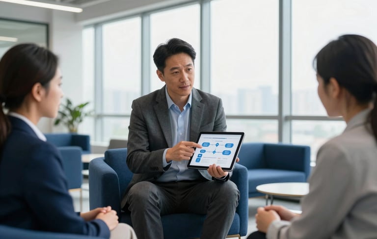 A high-end, professional North American office interior with large windows and a clean tech-inspired aesthetic. A professional mentor is demonstrating career path data on a sleek tablet to an engaged client. The scene is lit with bright, natural daylight and features accents of navy blue and steel blue furniture.