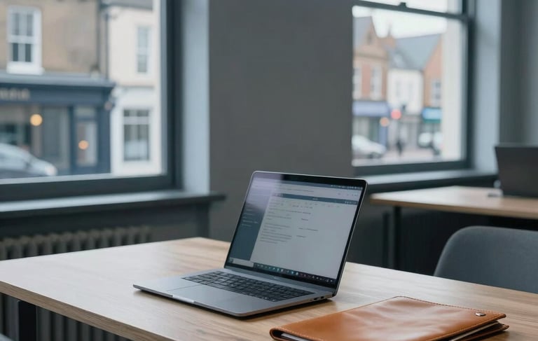 Professional photography of a minimalist, modern accounting office in Guildford. A clean wooden desk is centered, featuring a sleek laptop and a tan leather folder. In the background, large windows overlook a traditional Northern European street. The scene is bathed in soft, natural morning light, emphasizing a steel blue and light grey color palette with subtle gold accents.