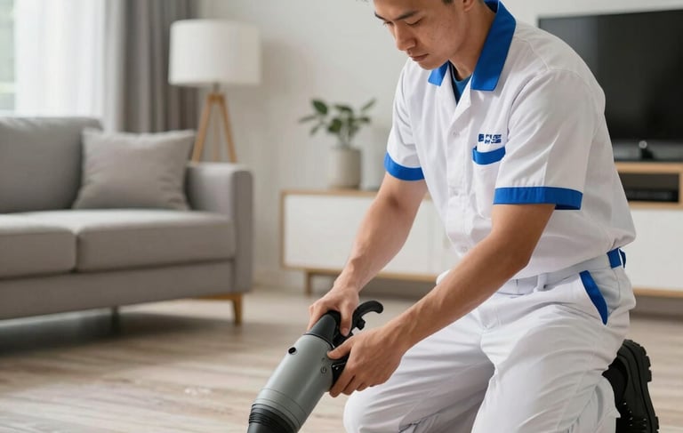 A high-resolution photograph of a professional restoration technician in a crisp uniform with ocean blue accents, using an industrial drying blower in a modern Miami living room. The scene is bright and professional, showing a restored floor. South Florida / US setting.