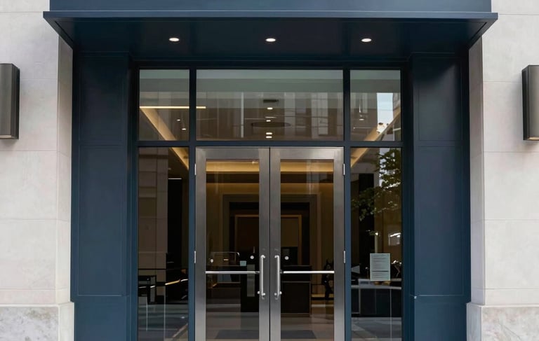 A professional architectural photograph of a high-end commercial building entrance in a North American business district. The shot features large, modern dark steel and glass double doors with polished hardware. The lighting is crisp, bright daylight, highlighting the clean, reliable aesthetic. The color palette incorporates deep blues and off-white tones.