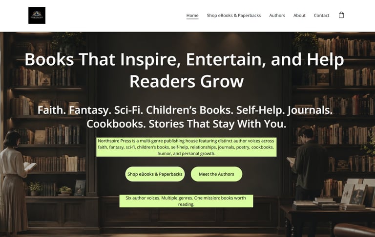 Northspire Press publishing website homepage with a library background and multi-genre book branding