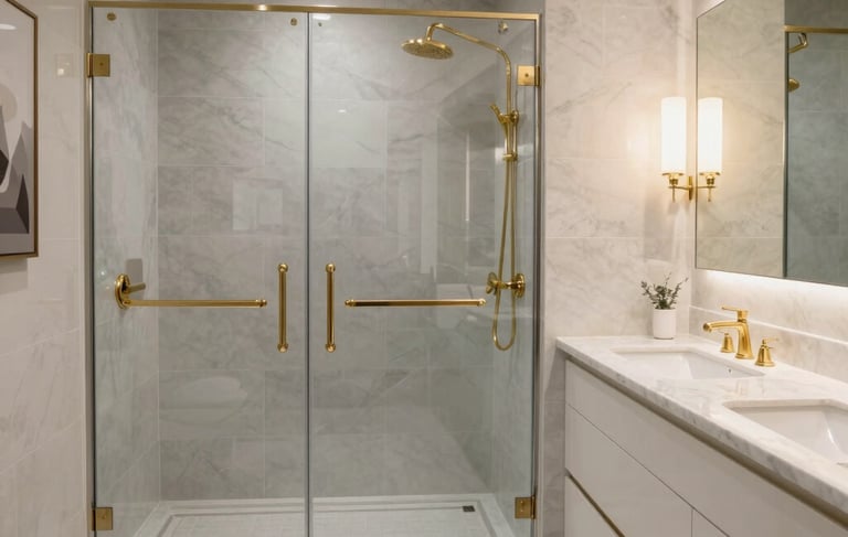 A luxury bathroom interior in a North American home featuring a large walk-in shower with soft gray tiling and gold fixtures. A sleek double vanity with white marble countertops sits under warm, elegant lighting. The composition is professional and modern, using a palette of white, light gray, and gold accents to convey a sense of high-end craftsmanship.
