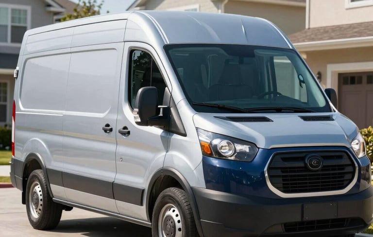 A clean, modern steel blue and dark blue plumbing service van parked in a sunny, professional North American residential driveway. The scene is well-lit, conveying reliability and high-quality service, with a focus on trustworthy professionalism.