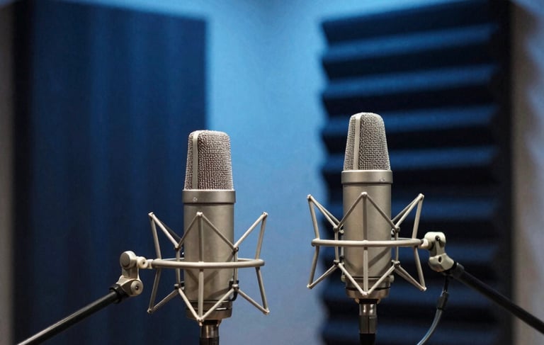 A high-end, minimalist recording studio featuring professional microphones and soundproofing. The room is bathed in sophisticated deep navy blue and sky blue accent lighting. Global / International atmosphere.
