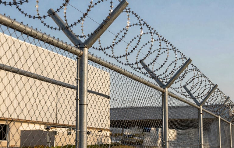 Detailed architectural photograph of a professional perimeter security installation in a South American industrial park. A perfectly tensioned galvanized silver chain-link fence with a concertina wire top reflects the afternoon sun. The background shows a clean modern warehouse building under a clear sky. Serious and robust atmosphere with sharp focus on metallic textures.