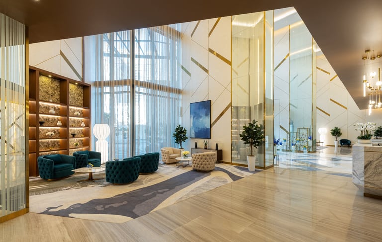 a large room with a large glass wall