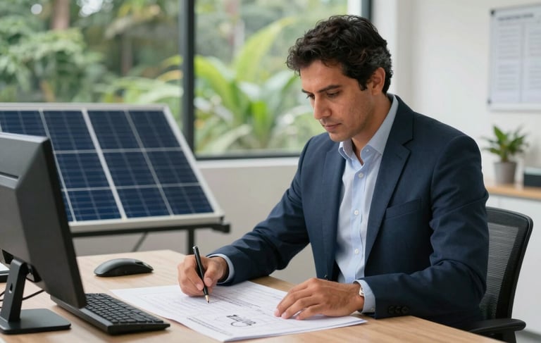 Professional South American / Colombian solar energy expert in a light-filled office, reviewing technical installation plans on a table with a background showing a glimpse of lush green vegetation, photography style is clean and professional with soft lighting and accents of dark blue and medium green.