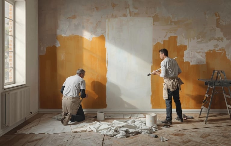Préparation méticuleuse des murs pour un rendu lisse et uniforme.