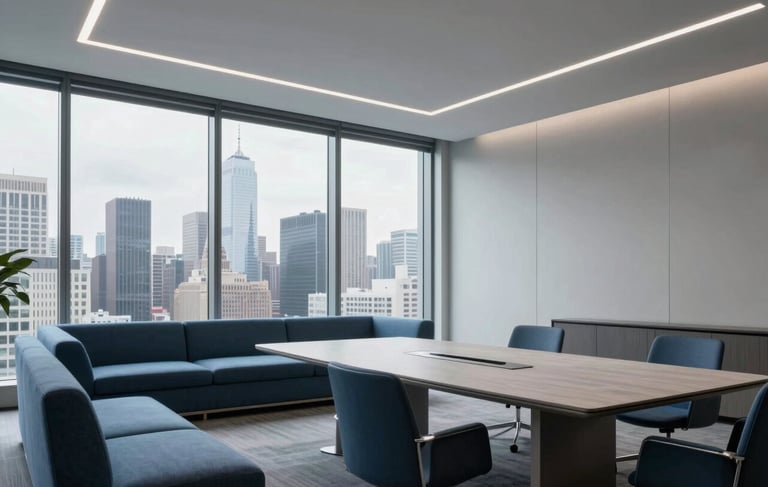 A high-end, minimalist conference room in a North American corporate building. Large glass windows overlook a New York city skyline. The interior features slate blue furniture, light grey walls, and professional soft lighting. A clean, tech-forward environment reflecting professional innovation.