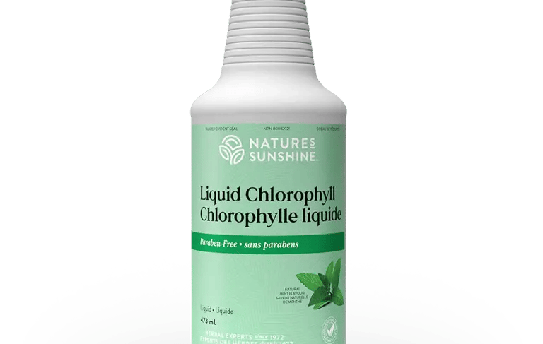 Bottle of Nature's Sunshine Liquid Chlorophyll paraben-free herbal supplement with natural mint flavor.