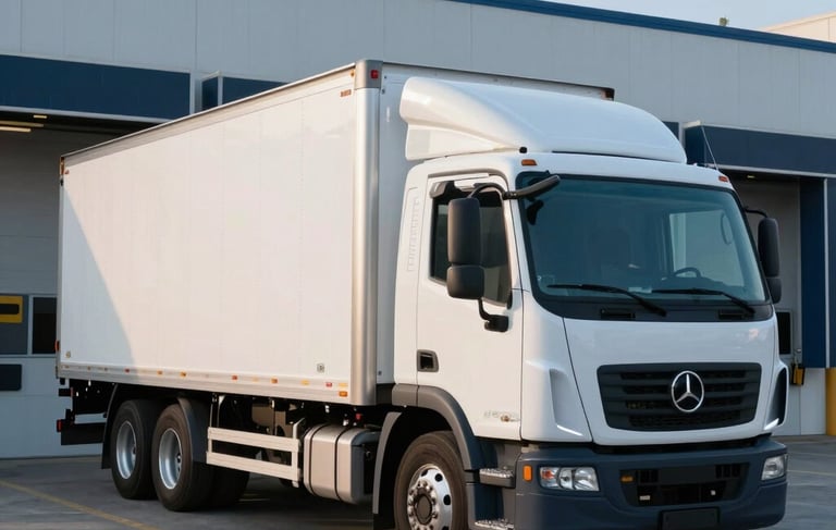 A high-quality commercial photograph of a professional white box truck parked in a modern, clean North American loading dock at sunrise. The lighting is crisp and efficient, featuring light blue and navy tones to emphasize a streamlined logistics operation.
