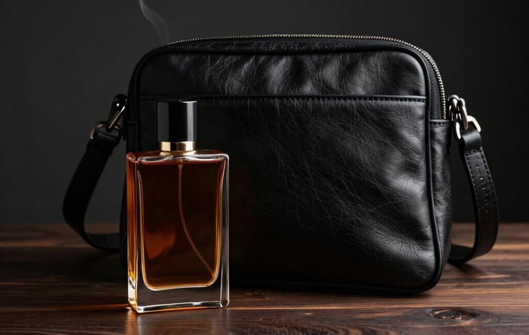 A refined still life photography of a luxury fragrance bottle with deep amber liquid, placed next to a sleek black leather crossbody bag on a dark wood surface. Minimalist composition, soft smoke accents, cinematic lighting, North American / European lifestyle aesthetic.