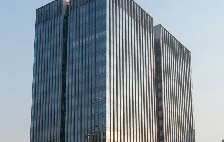 A professional architectural photograph of a modern steel and glass corporate building in a business district of North India. The lighting is early morning with soft steel blue reflections on the windows and a clean, light blue sky. Professional corporate environment with South Asian / Indian urban context.