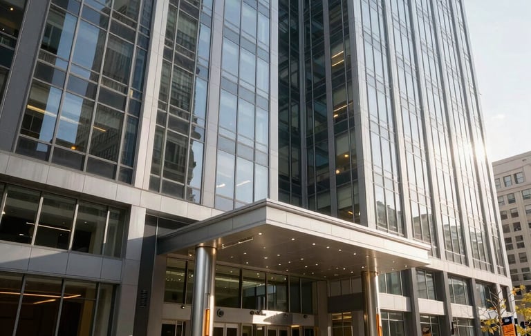 Professional architectural photography of a modern high-rise corporate office building entrance in Chicago, Illinois. The scene features clean glass facades and steel accents under bright morning sunlight, reflecting a reliable and established business image in North American / US style. Colors include deep slate grey and white.