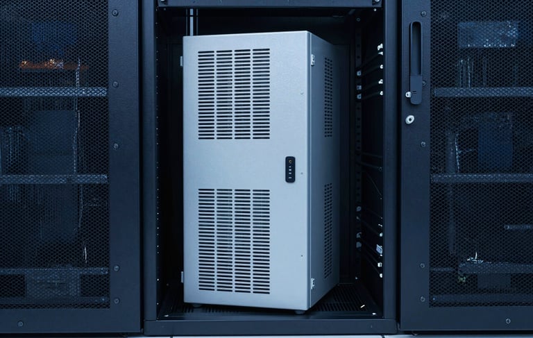 Professional photography of a high-capacity UPS system in a sleek, modern corporate server room in Bogotá, Colombia. The composition is balanced with clean lines and soft lighting in deep blue and light gray tones, reflecting reliability and innovation.