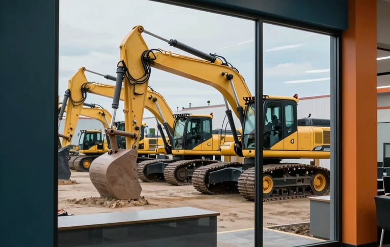 Professional high-end photograph of a heavy equipment brokerage office in North American / US. Through a large pane of glass, a fleet of industrial machinery is visible in a neat yard under a pale blue sky. The interior design features dark teal and burnt orange accents. Sharp focus, high-quality architectural style.