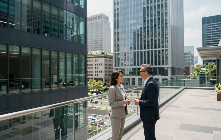 A high-angle photograph of a modern North American corporate office terrace at midday. Two professional adults in business-casual attire are engaged in a confident conversation, with sleek glass and steel skyscrapers in the background. The lighting is crisp and clear, with subtle accents of dark blue and teal in the decor.