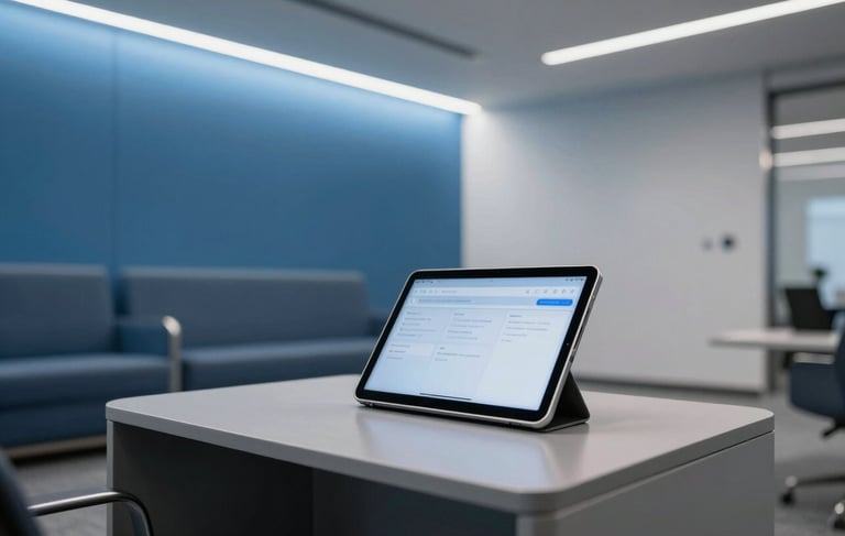 A sharp, medium-wide photography shot of a high-tech corporate lounge in North America / US. The room features slate blue and sky blue accent walls with integrated LED strips. A sleek, metallic smart tablet sits on a modern side table. The aesthetic is clean, professional, and captures a sense of modern efficiency and innovation.